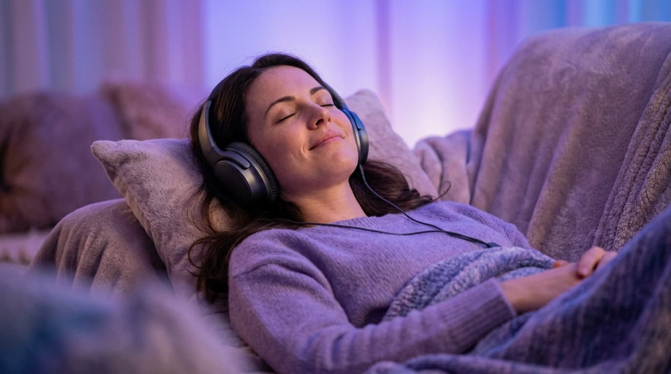 Best hypnosis apps of 2026 — a woman relaxing deeply with headphones in soft light