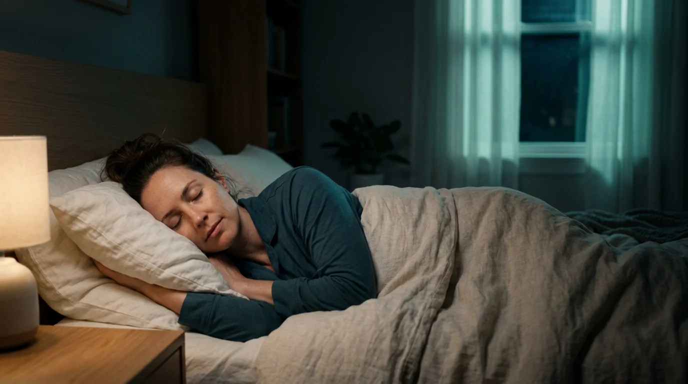 A woman sleeping peacefully in a dim, calm bedroom after a sleep hypnosis wind-down
