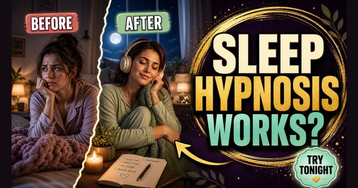 A woman sleeping peacefully in a dim, calm bedroom after a sleep hypnosis wind-down