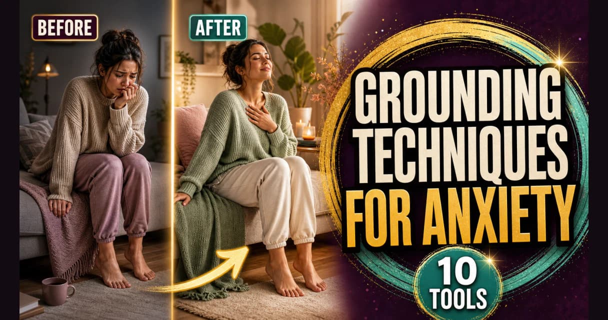 A woman pausing to use a grounding technique, hand on chest, calming anxiety in the moment
