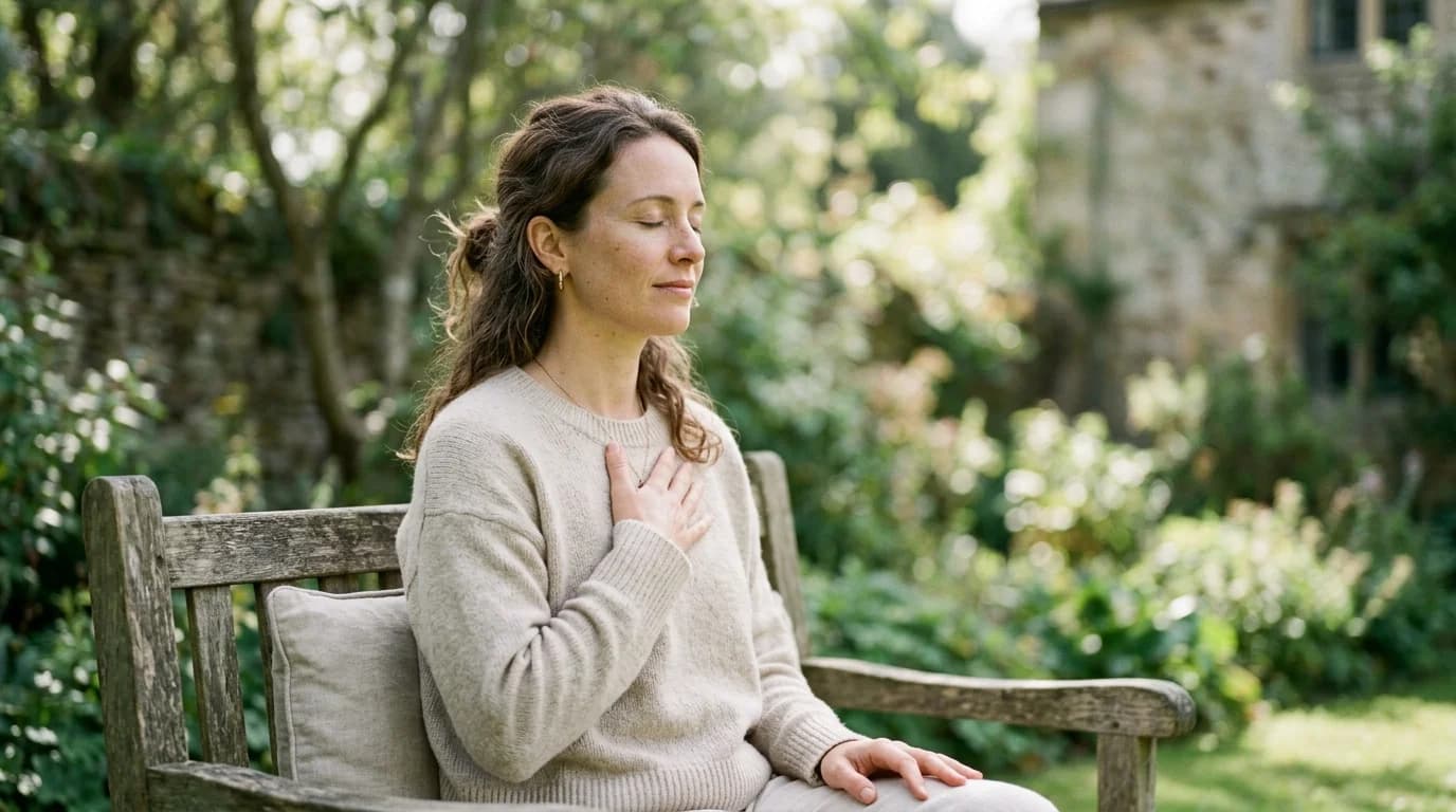 A woman pausing to use a grounding technique, hand on chest, calming anxiety in the moment