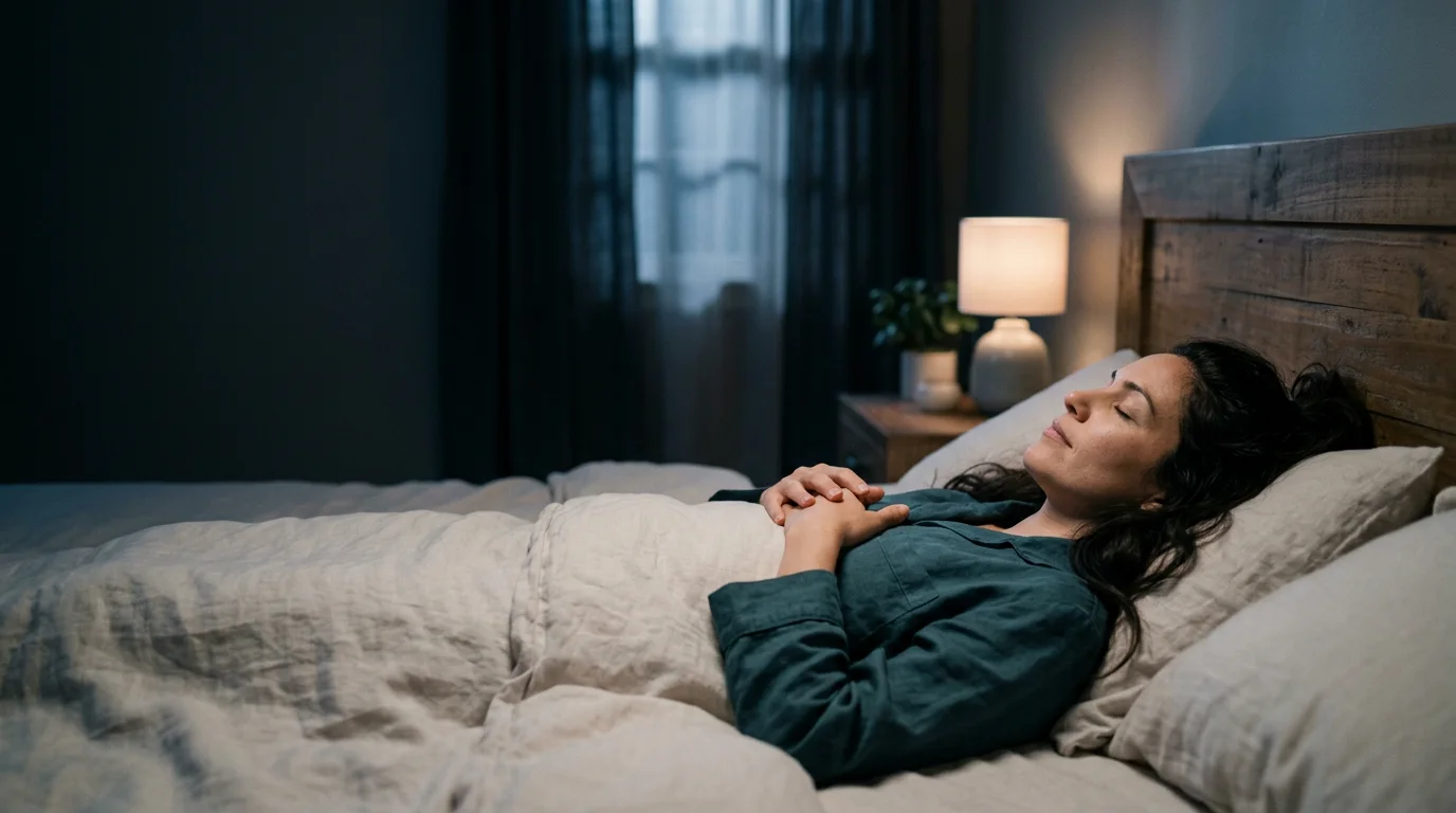 A woman relaxing in bed at night doing a guided sleep meditation with eyes closed