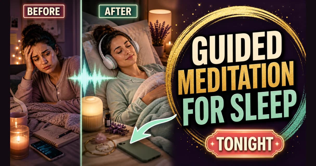 A woman relaxing in bed at night doing a guided sleep meditation with eyes closed