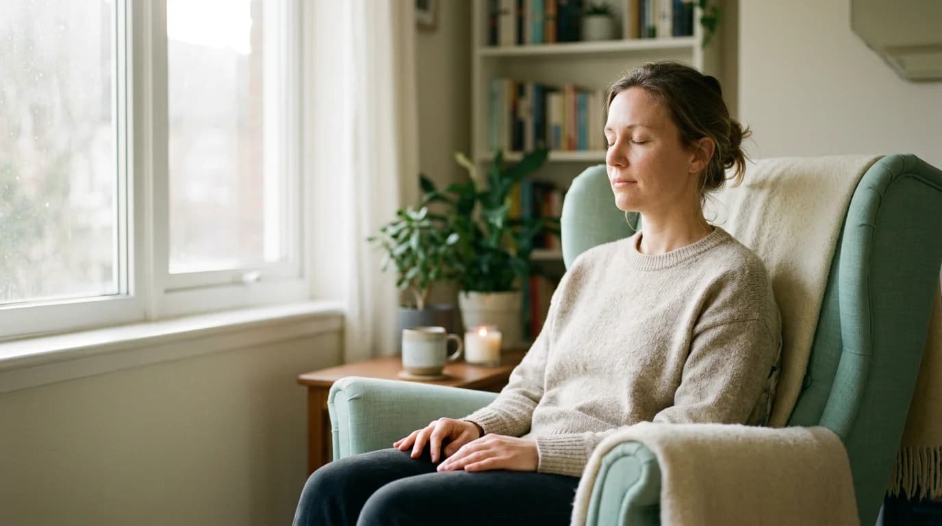 A calm woman sitting comfortably with her eyes closed, practising self-hypnosis at home