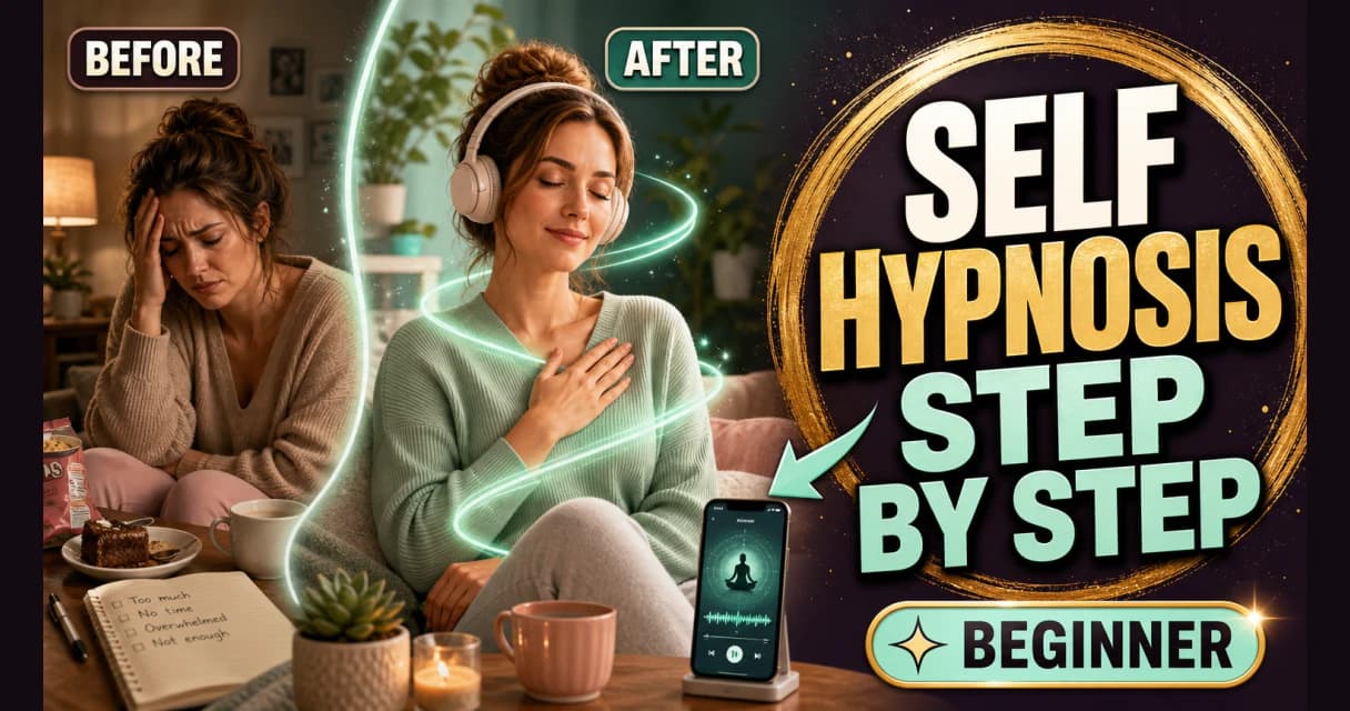 A calm woman sitting comfortably with her eyes closed, practising self-hypnosis at home