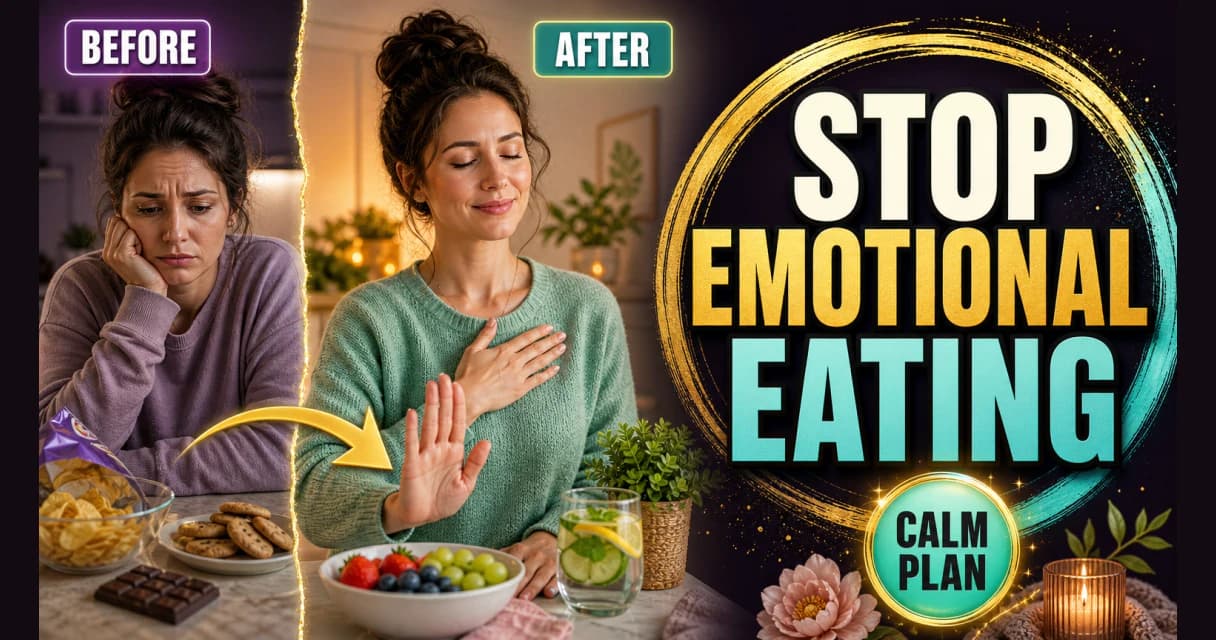 A calm woman in a kitchen pausing mindfully with a glass of water instead of snacking