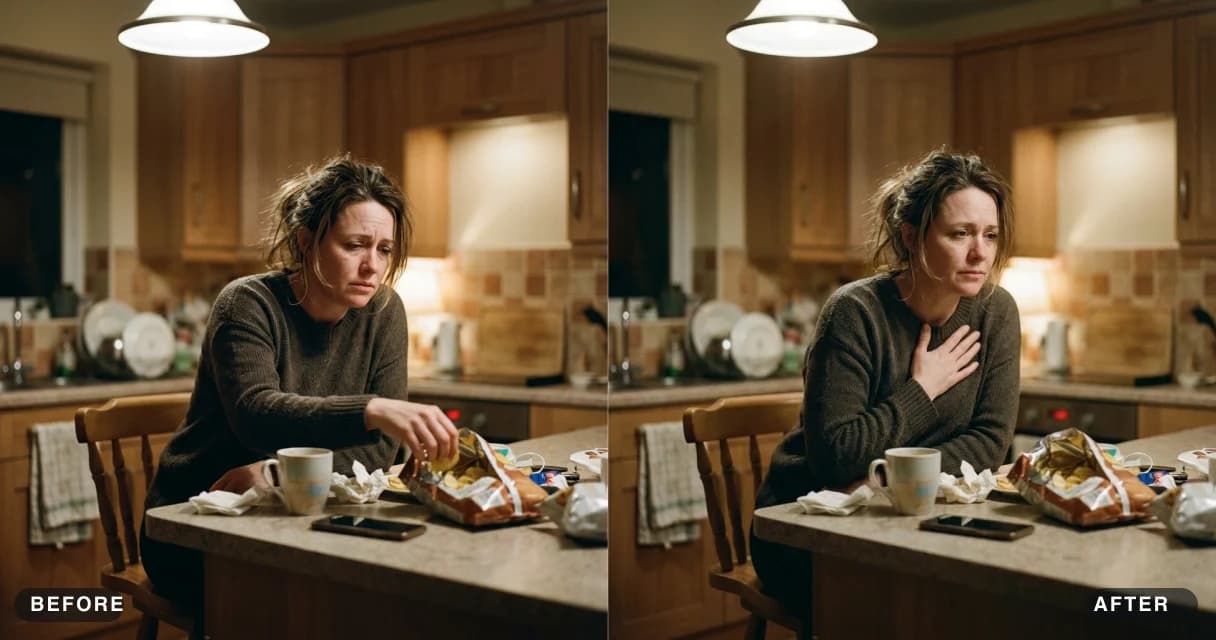A calm woman in a kitchen pausing mindfully with a glass of water instead of snacking