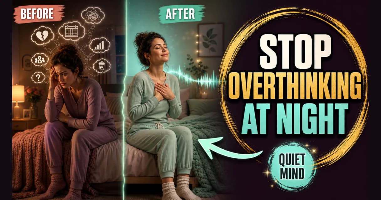 A woman lying awake at night with a racing mind, then calm — overthinking before sleep