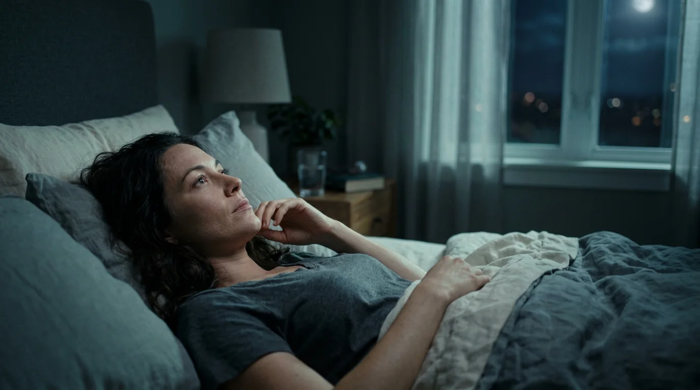 A woman lying awake at night with a racing mind, then calm — overthinking before sleep
