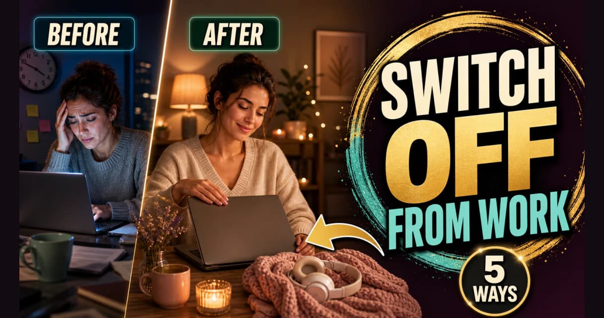 An exhausted remote worker closing a laptop at night and switching into rest mode