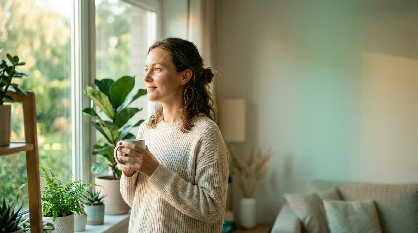 A woman by a sunlit window in the morning, calm and reflective, starting her day with affirmations