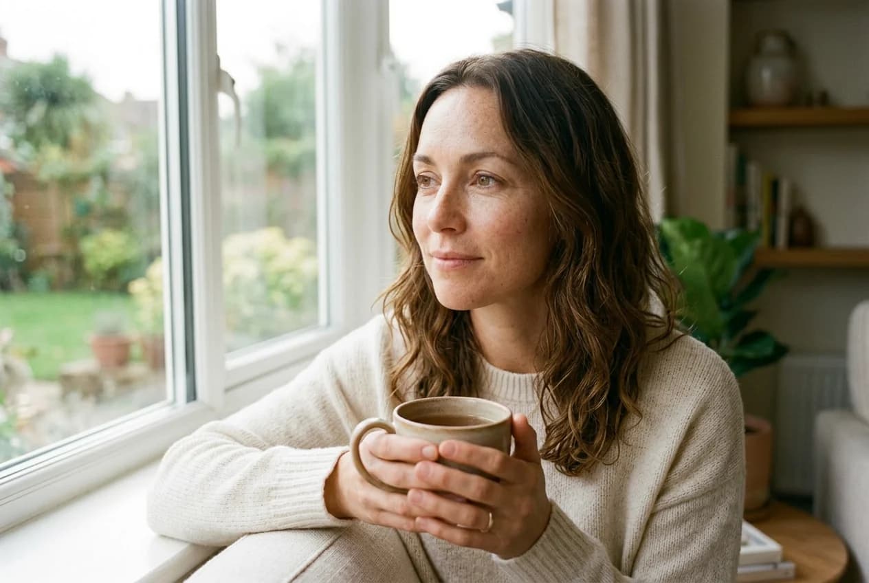 Aria sitting calmly by a window with a warm cup of tea