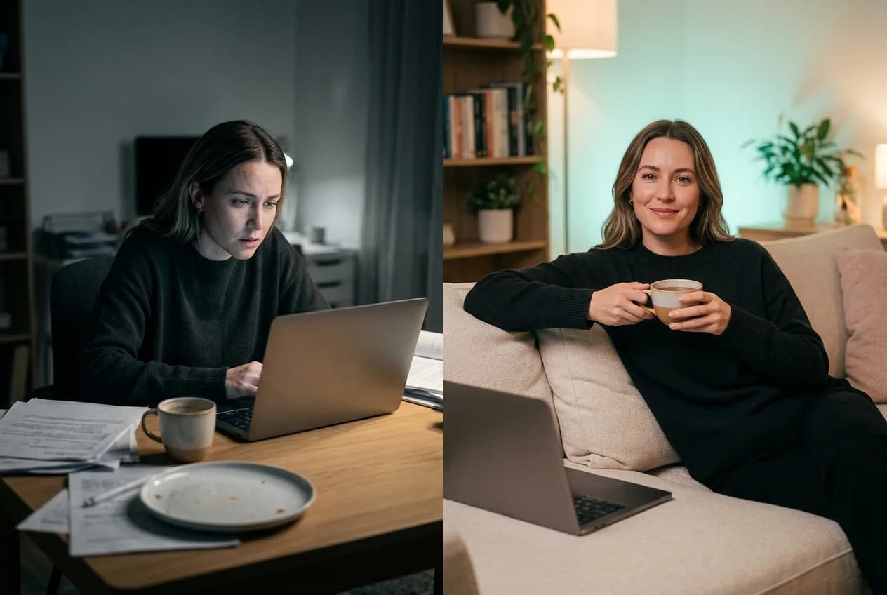 A woman switching off from work — hunched over a laptop late at night, then relaxed on the sofa with a warm drink